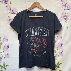 Tommy Hilfiger Navy Logo Flag Graphic V Neck Short Sleeve T Shirt